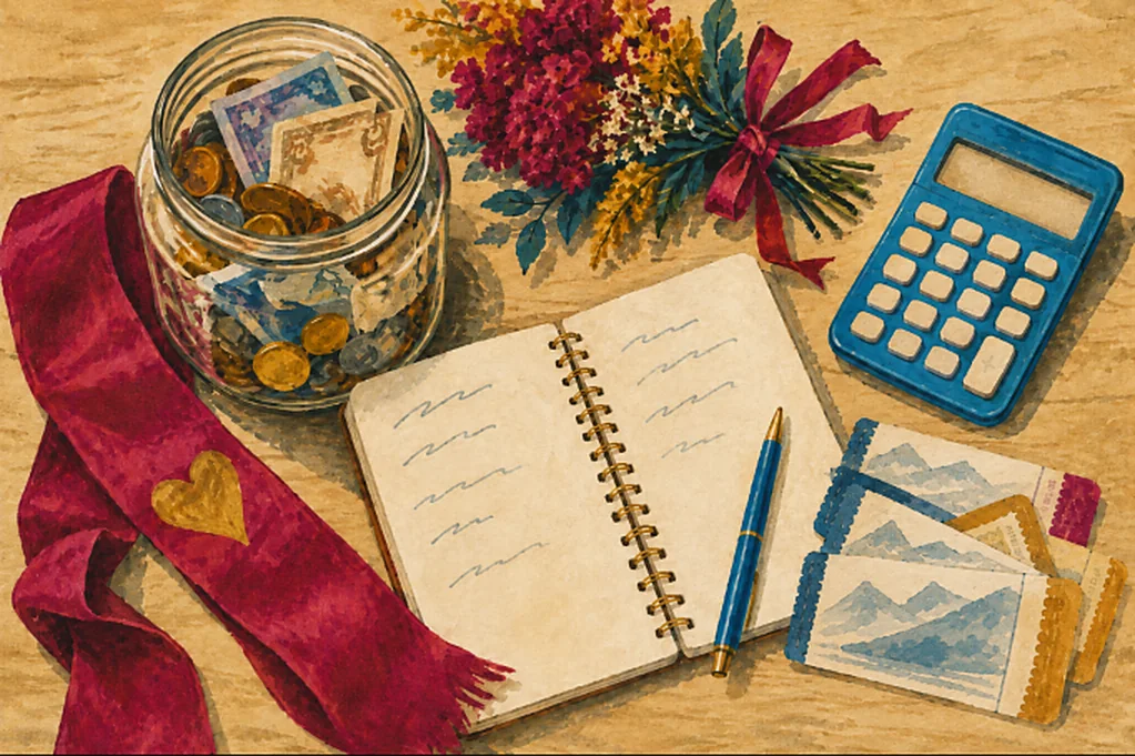 Illustration : le budget d'un EVJF — bocal-cagnotte, carnet de comptes, calculatrice, billets de train et écharpe de la mariée sur une table