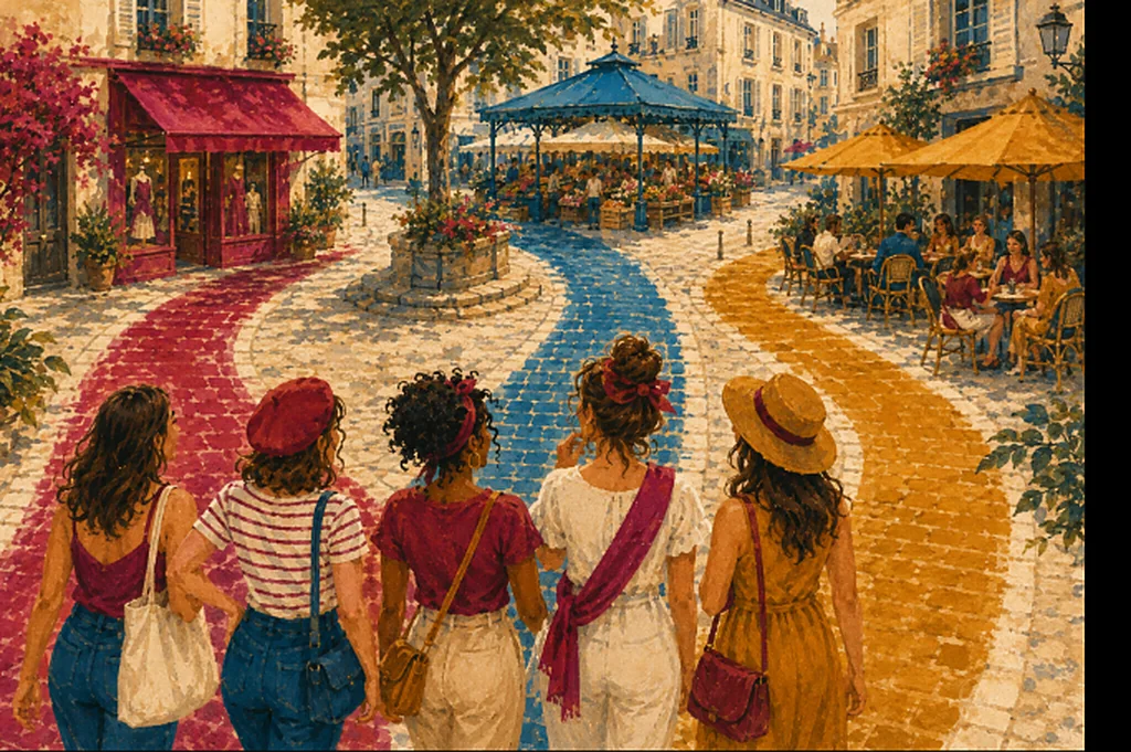 Illustration : sur une place pavée, un groupe d'amies hésite entre trois chemins colorés — vers la boutique, le kiosque du marché ou la terrasse de café
